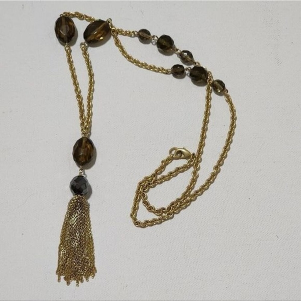 Treska Gold Tone Smoky Brown Beaded Tassel Y-Drop‎ Long Station Necklace